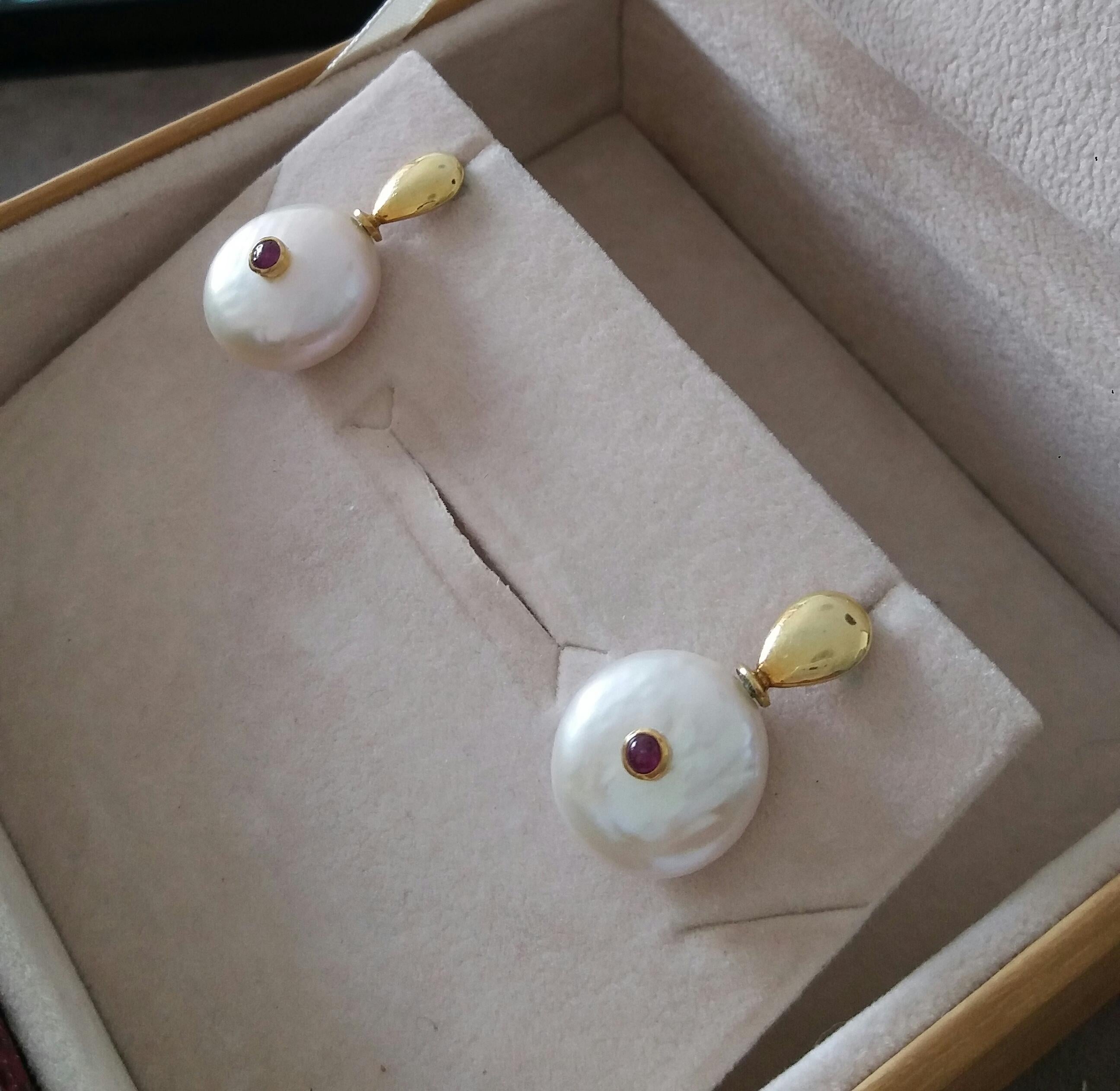 White Button Shape Baroque Pearls Round Ruby Cabs 14 K Yellow Gold Tops Earrings For Sale 3