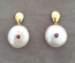 White Button Shape Baroque Pearls Round Ruby Cabs 14 K Yellow Gold Tops Earrings
