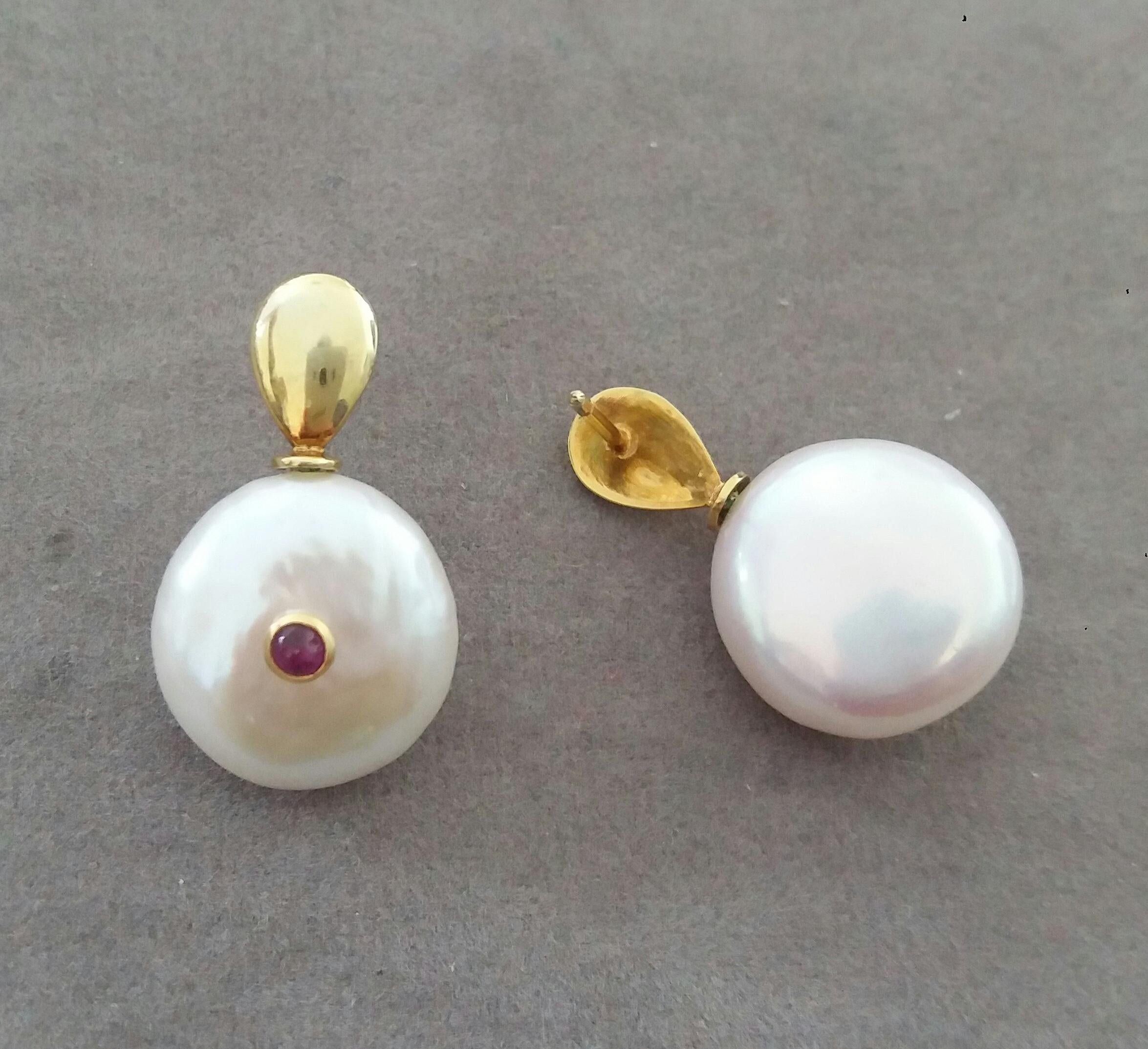 Contemporary White Button Shape Baroque Pearls Round Ruby Cabs 14 K Yellow Gold Tops Earrings For Sale