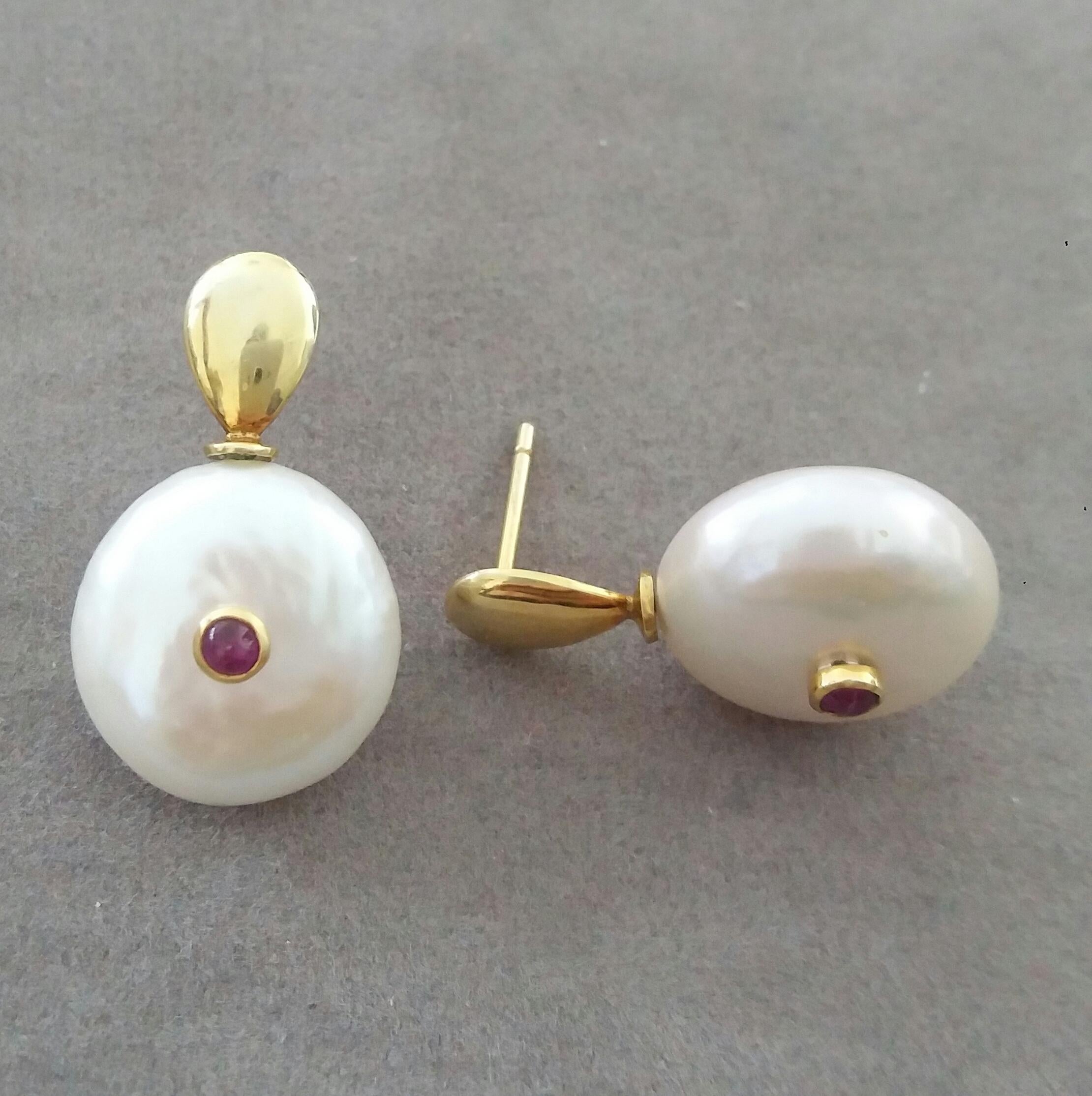 Round Cut White Button Shape Baroque Pearls Round Ruby Cabs 14 K Yellow Gold Tops Earrings For Sale