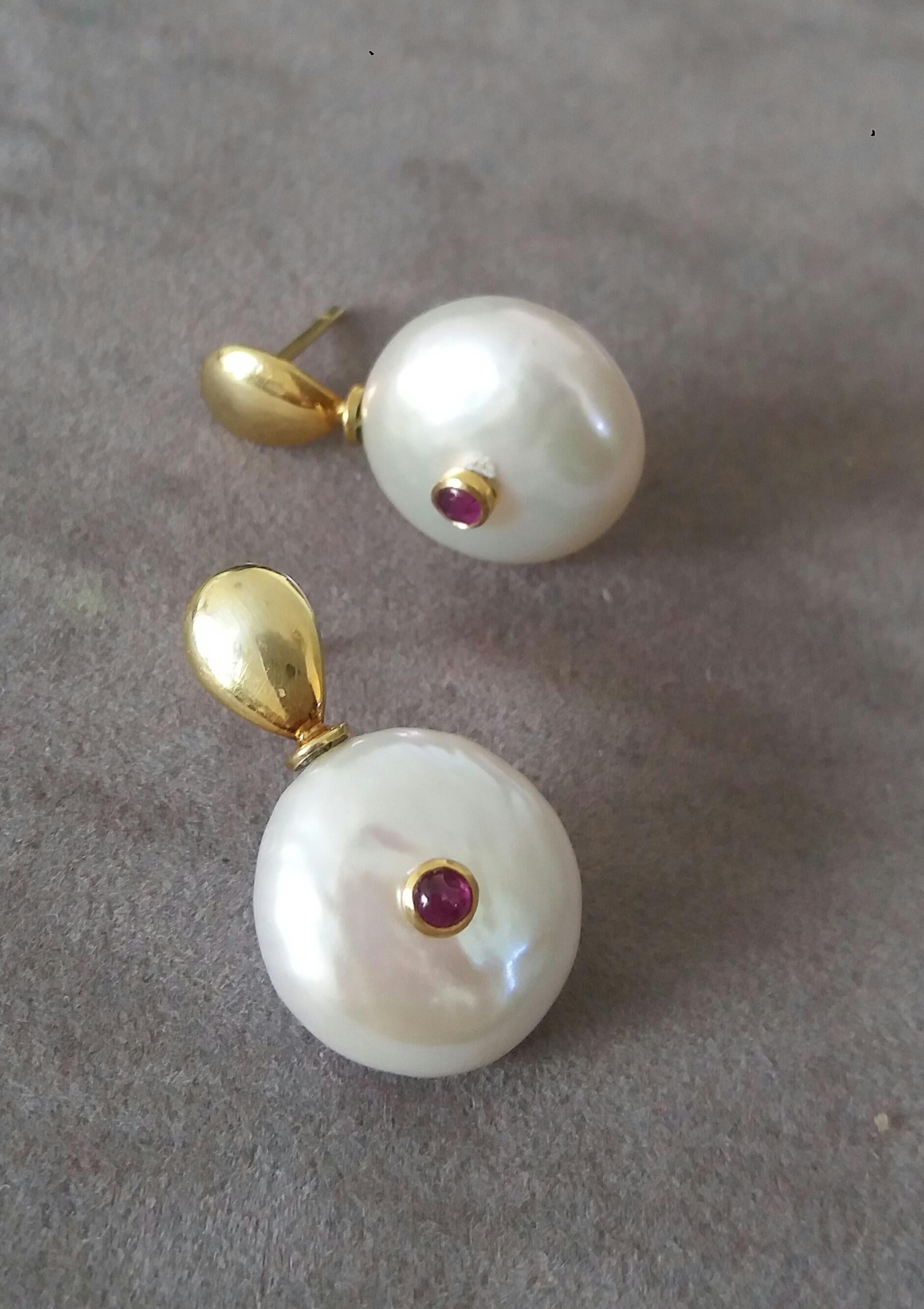 Women's White Button Shape Baroque Pearls Round Ruby Cabs 14 K Yellow Gold Tops Earrings For Sale