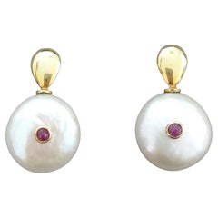 White Button Shape Baroque Pearls Round Ruby Cabs 14 K Yellow Gold Tops Earrings
