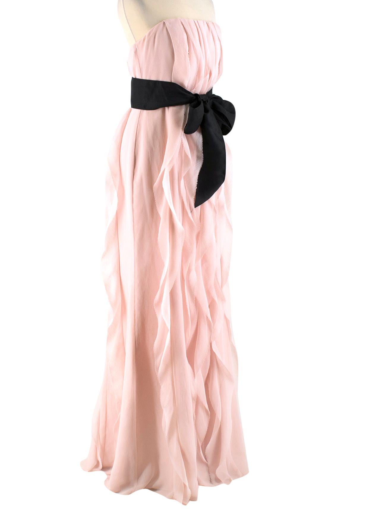 White by Vera Wang Crinkle Chiffon Strapless Gown

- Light pink, mid-weight, strapless gown
- Vertical ruffles 
- Tight around bust and waist
- Loose, flared skirt
- Centre-back hook-and-eye and zip fastening
- Belt loops
- This item comes with a