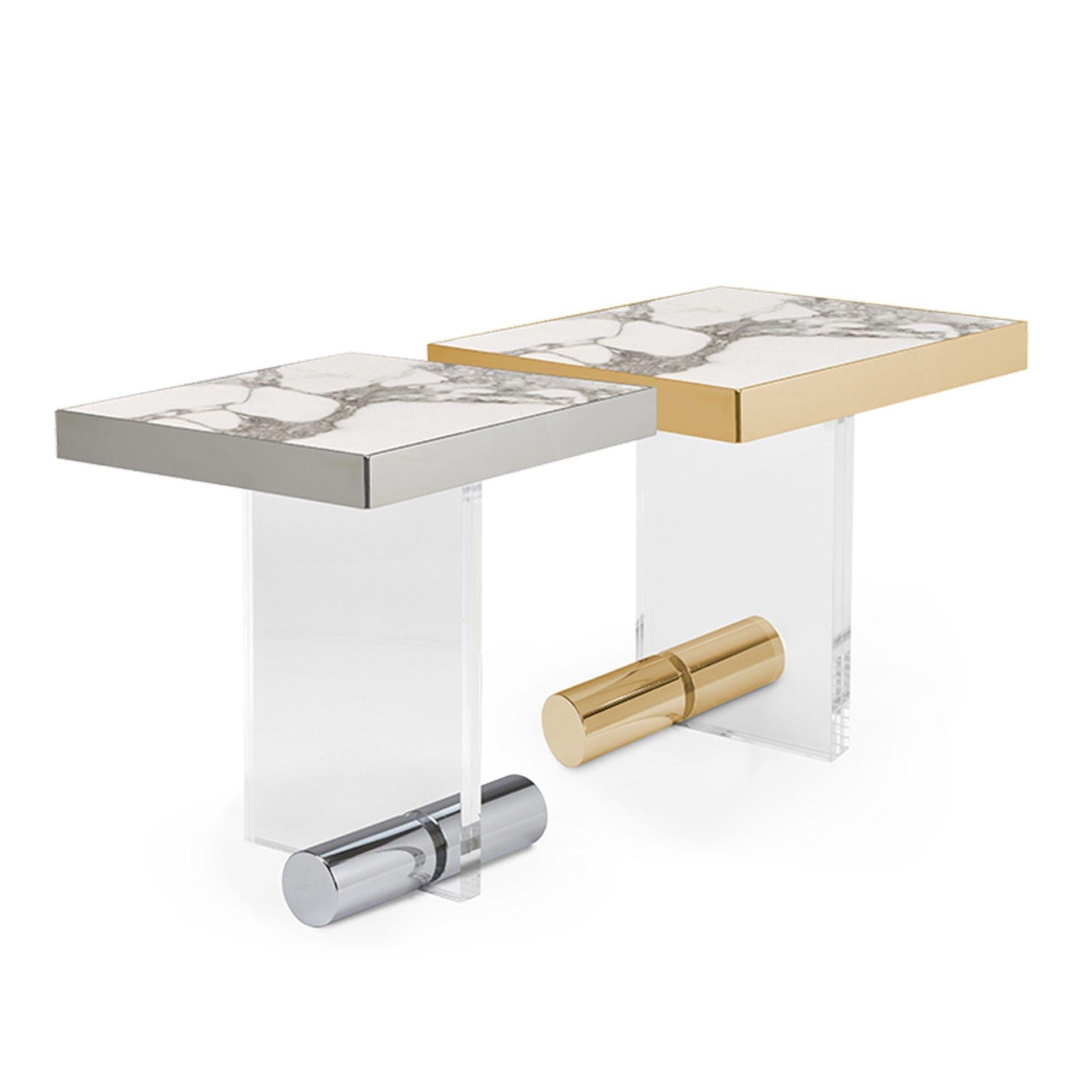 These simple, geometrically shaped table tops are inspired by the work of Wassily Kandinsky. It combines four different marble tops with two different structures. A full thin metal structure with titanium gold or stainless steel is available as well