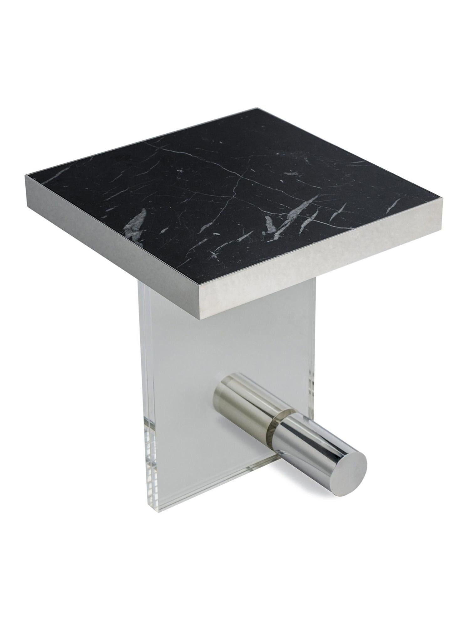 Contemporary White Calacatta Marble Stainless Steel Acrylic Square Side Table For Sale