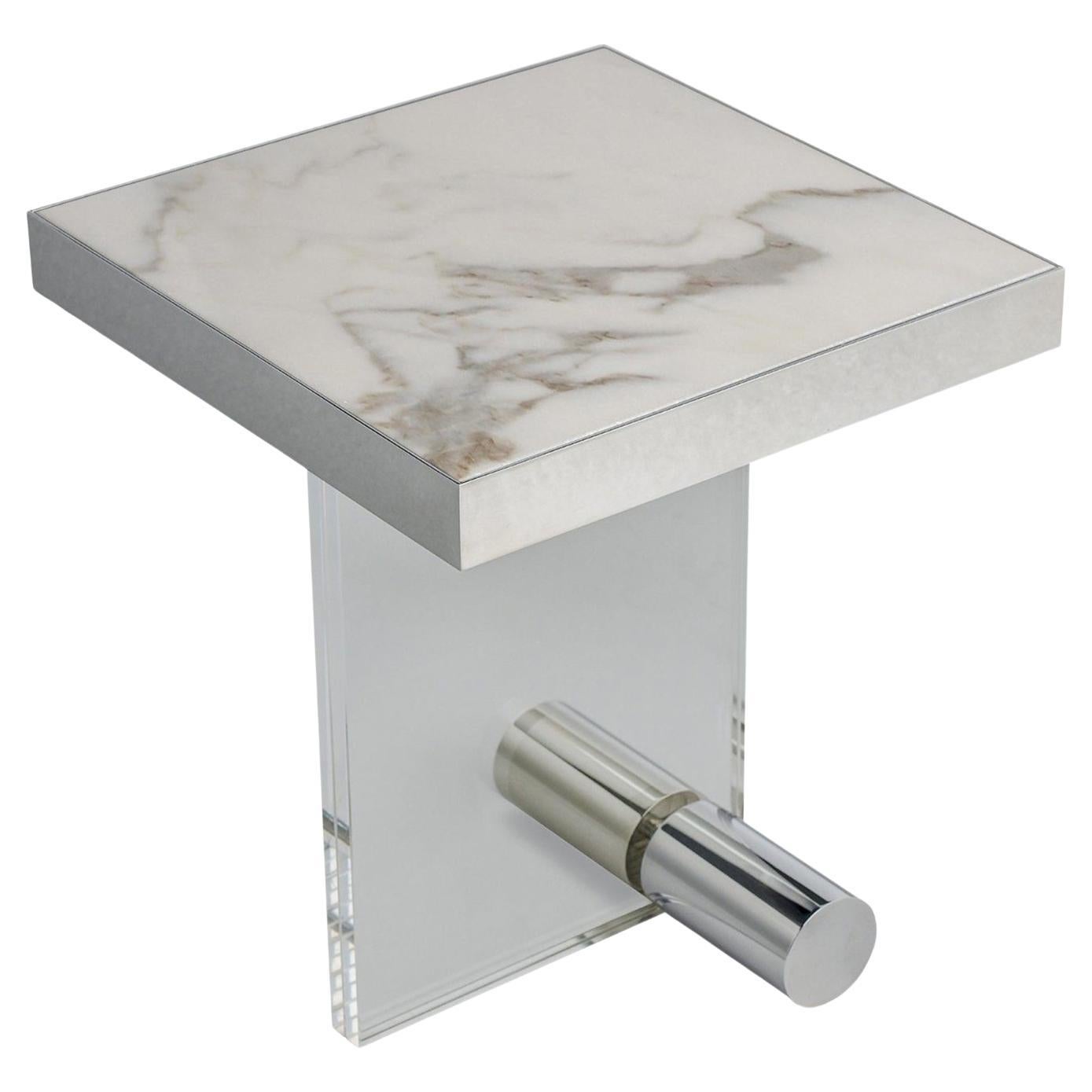 Table d'appoint carrée en acrylique et en marbre blanc Calacatta en acier inoxydable en vente