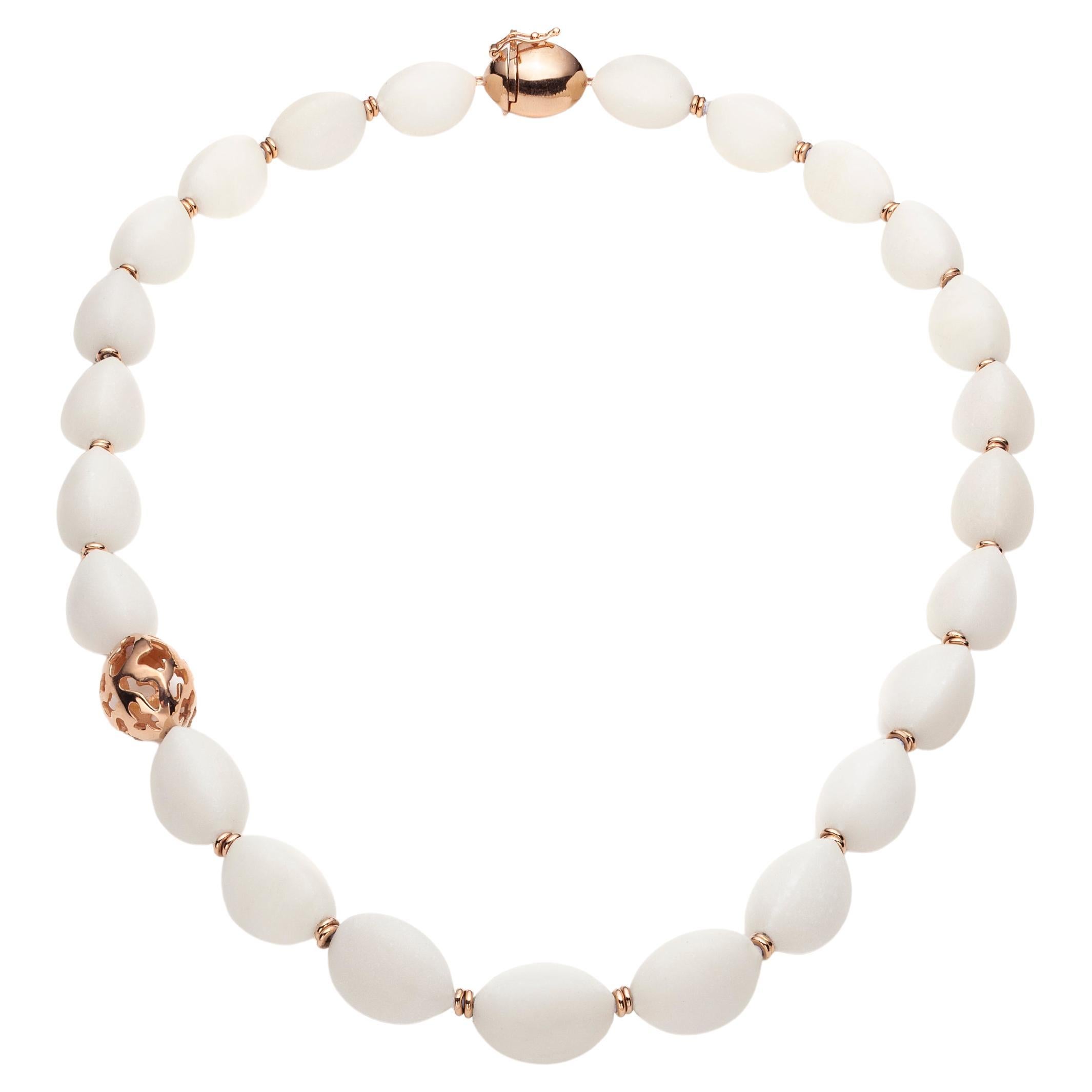 White Calcite Bead Necklace in 18k Pink Gold For Sale