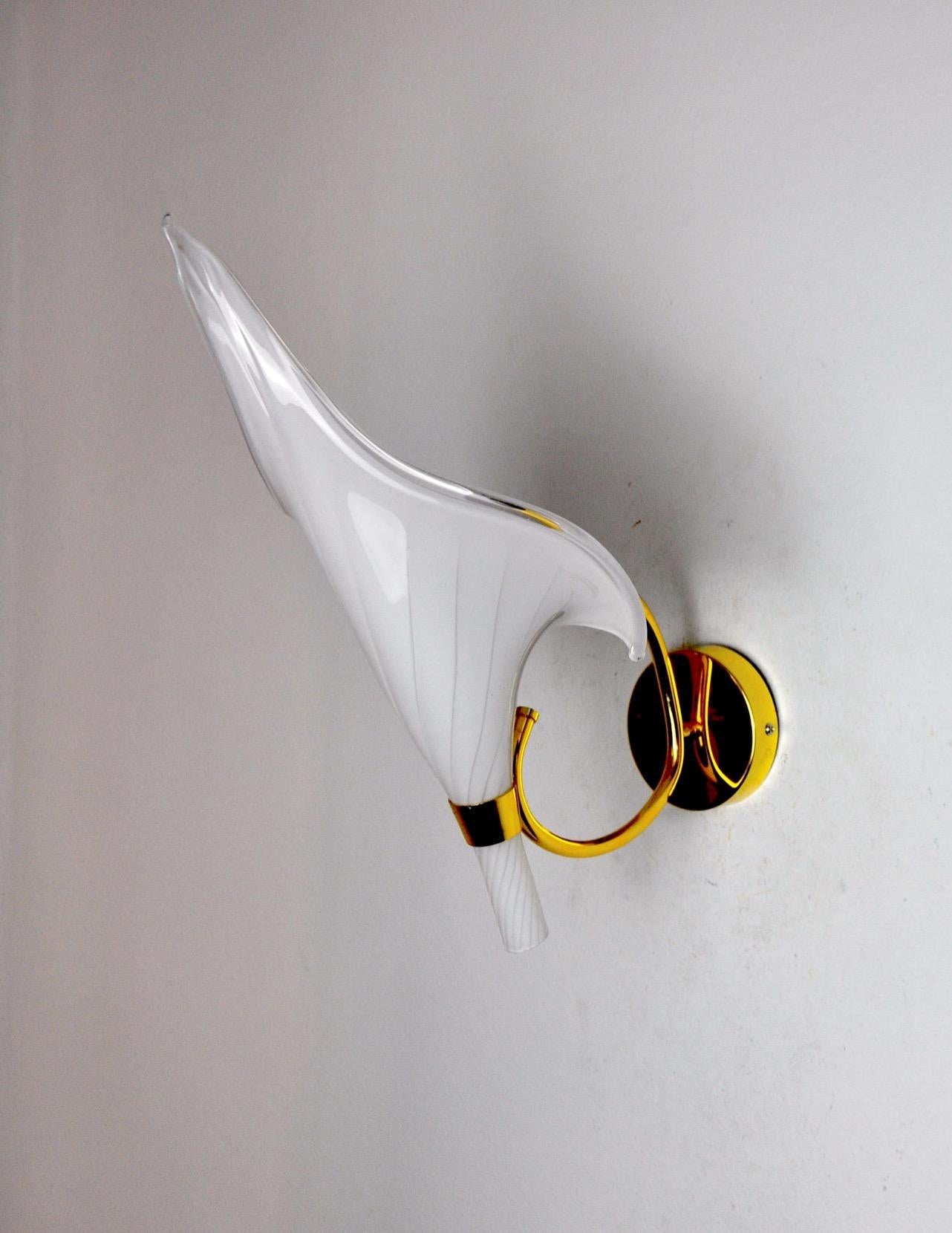 Italian White Calla Lily Wall Lamp, Murano Glass, Italy, 1970 For Sale