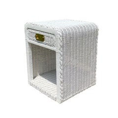 White Campaign Wicker Nightstand or Side Table with Drawer and Brass Hardware