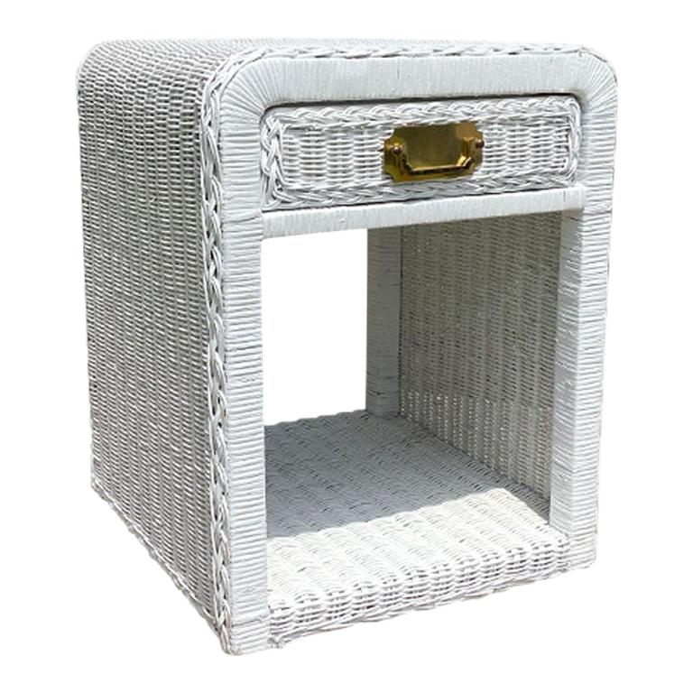 White Campaign Wicker Nightstand or Side Table with Drawer and Brass Hardware