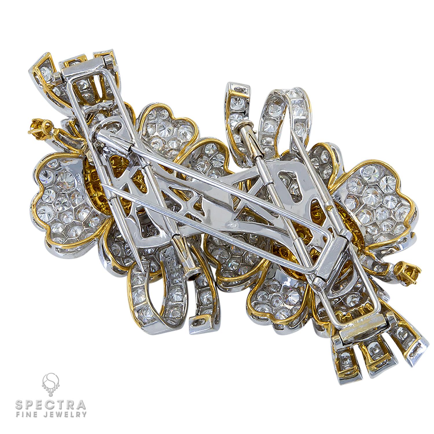Mixed Cut Vintage Diamond Blossom Convertible Double Clip Brooch For Sale