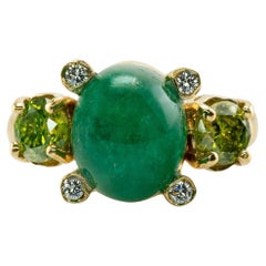 Vintage White & Canary Diamond Emerald Ring 18K Gold, Italy