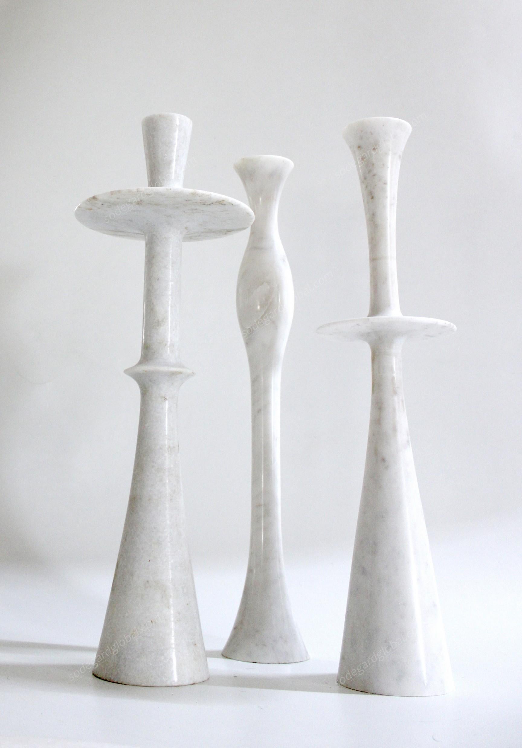 Modern White Candle Holders, Set of Four Marble White Candlestick Holders by P. Mathieu For Sale