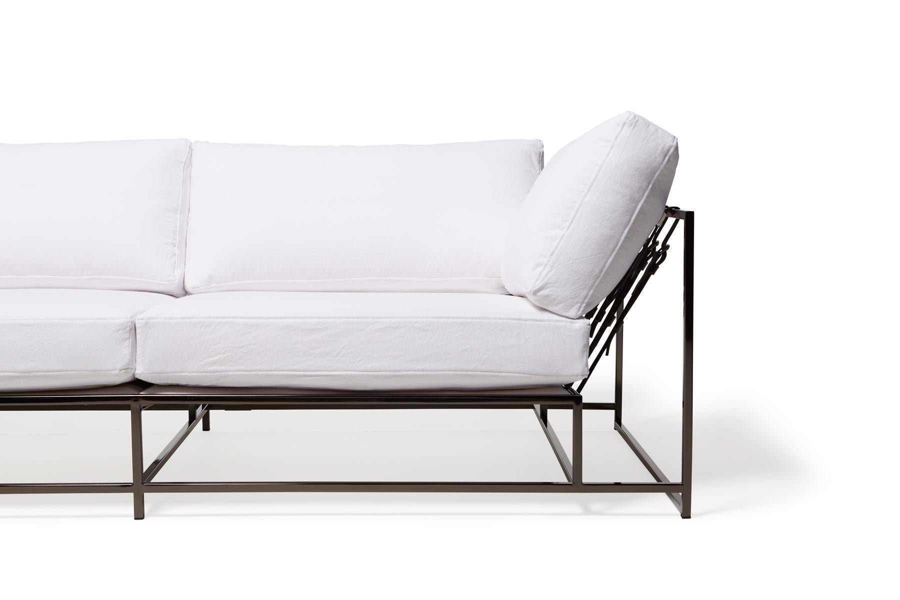 White Canvas and Polished Black Nickel Two-Seat Sofa In New Condition For Sale In Los Angeles, CA