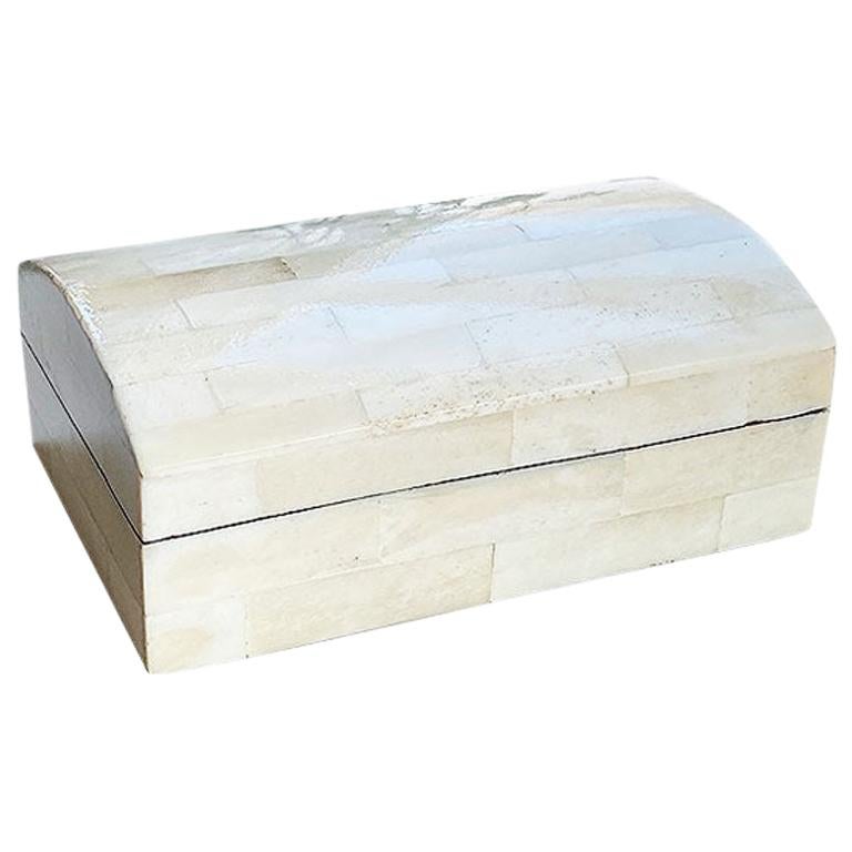 White Capiz Stone and Pearlized Wood Tessellated Shell Casket Box with Lid