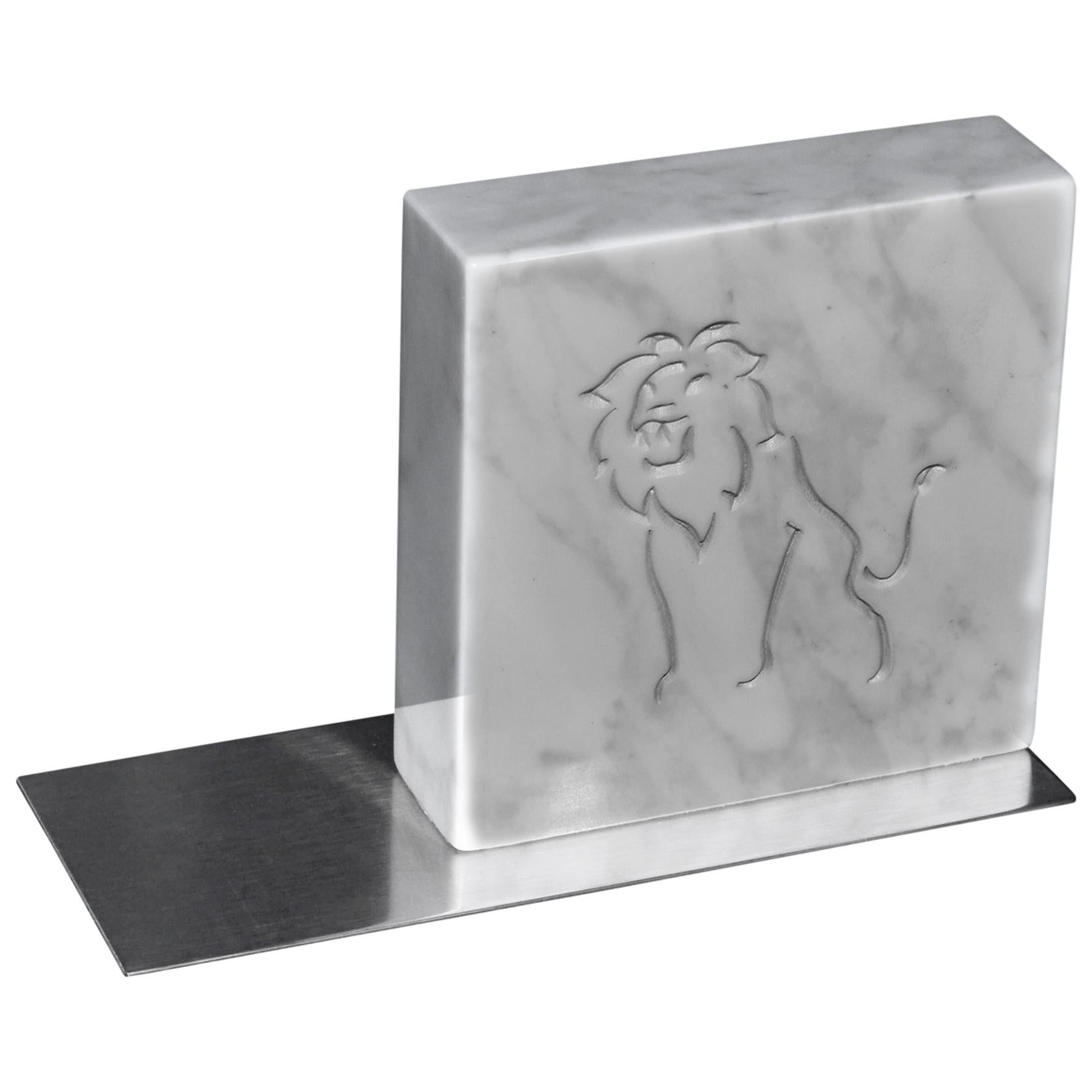 White Carrara Italian Marble  Inlaid Zodiac Bookends steel base