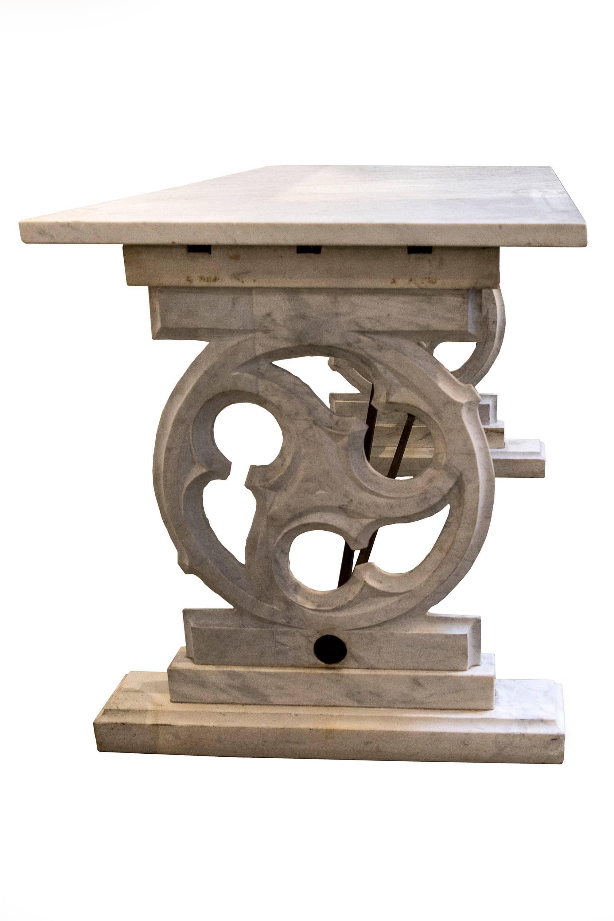 Gothic Revival White Carrara Marble Console Table or Work Table.