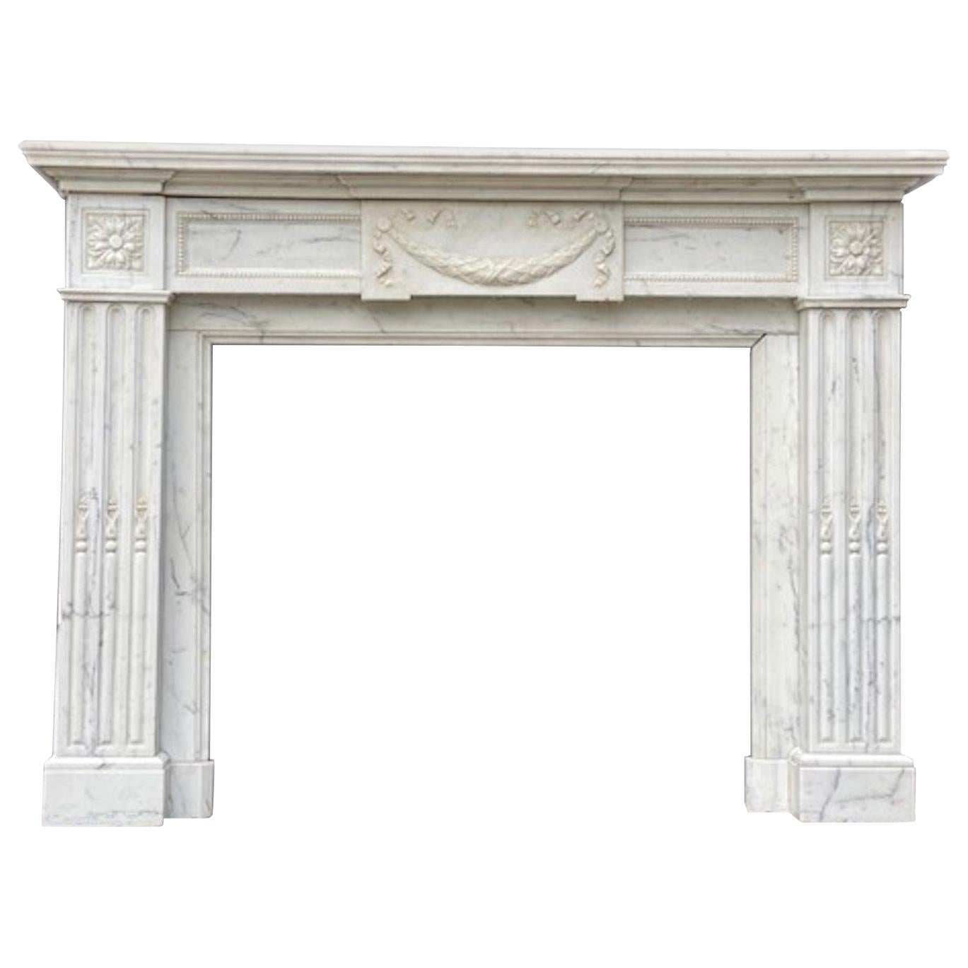 Louis XVI Style Fireplace with Laurel Branches Decor, Carrara Marble at