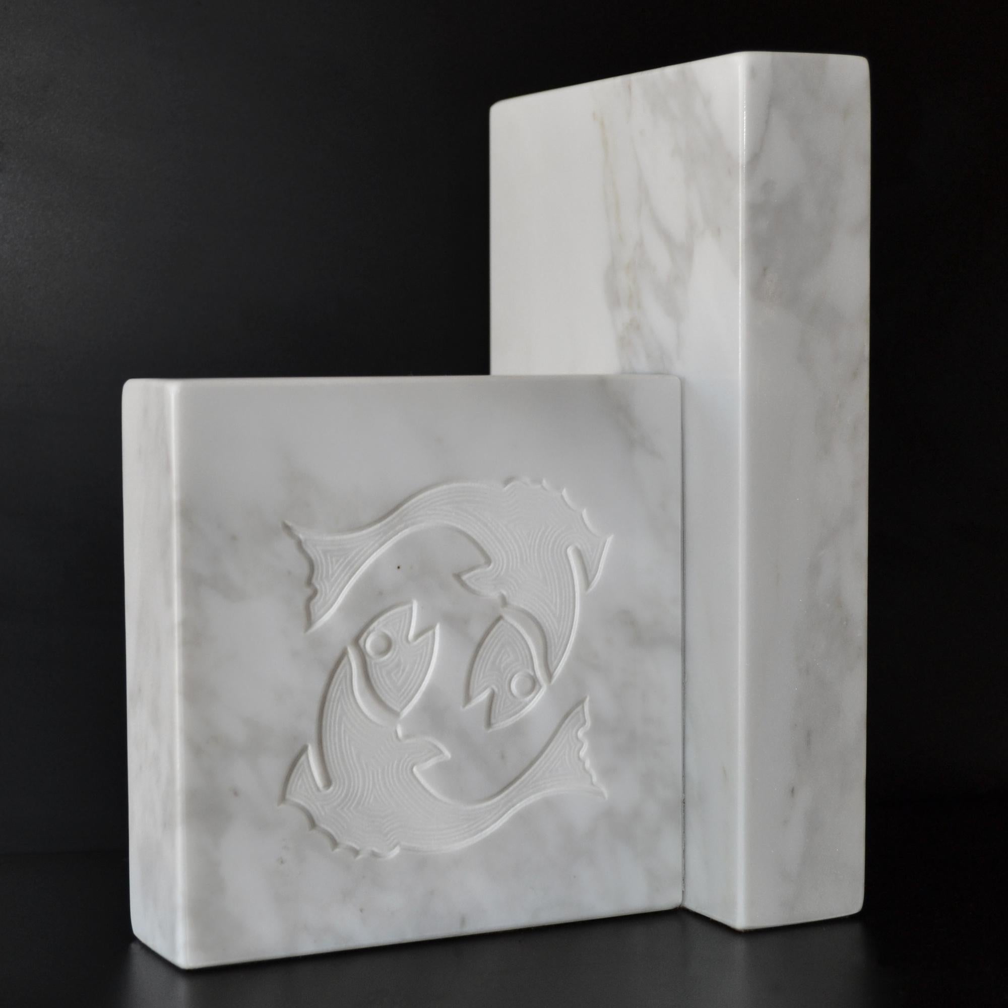 Arts and Crafts Marble bookends White Carrara Marble Inlaid Zodiac  made in Italy bookends