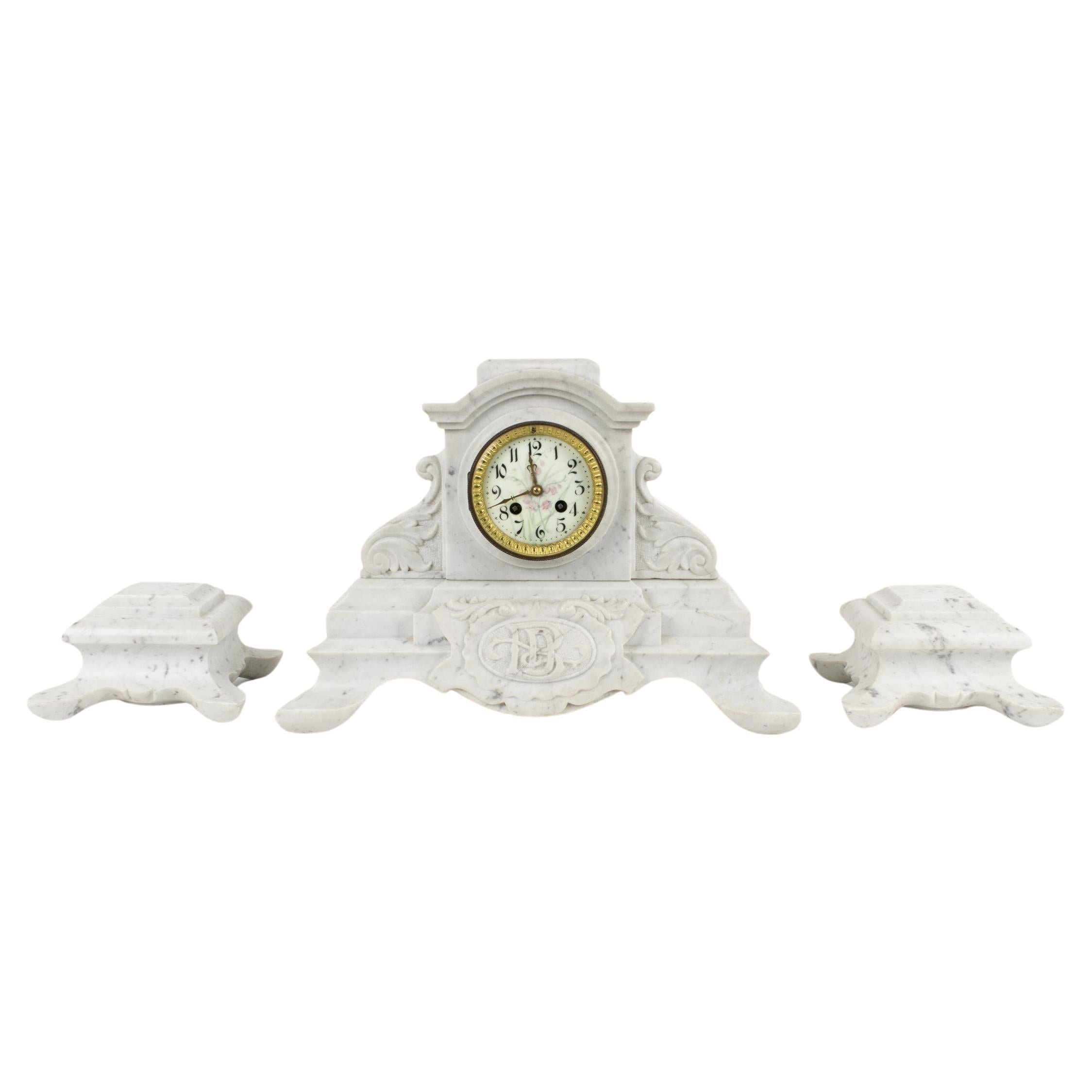 Neoclassic Marble and Bronze Mantle Clock 3 pieces by J. Bondat, circa 1870