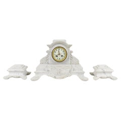 White Carrara Marble Mantel Clock 3 pieces Set by Bondat, 19th Century