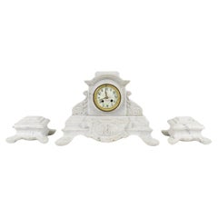 Neoclassic Marble and Bronze Mantle Clock 3 pieces by J. Bondat, circa 1870
