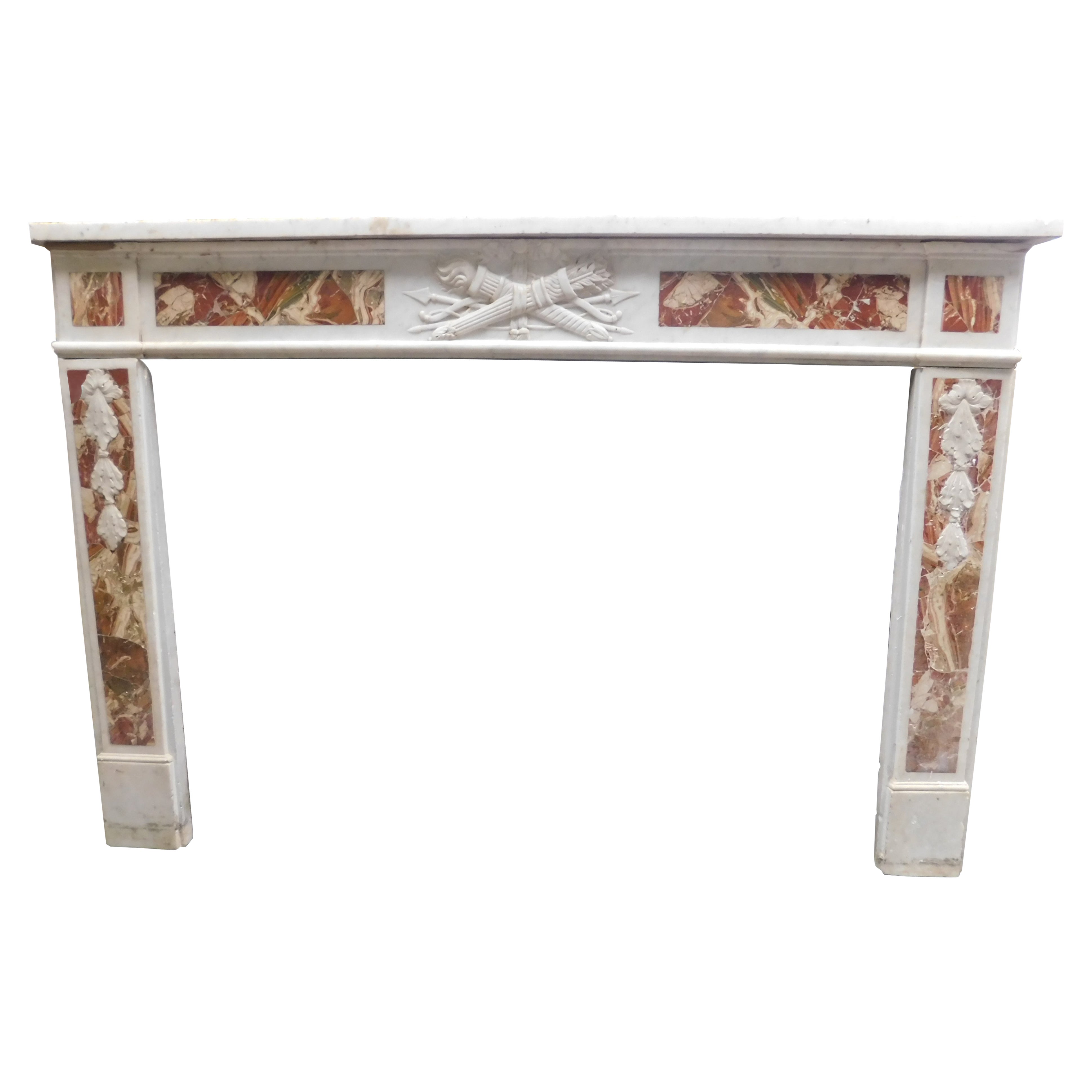 White Carrara marble mantle fireplace with red inlays, Louis XVI, France