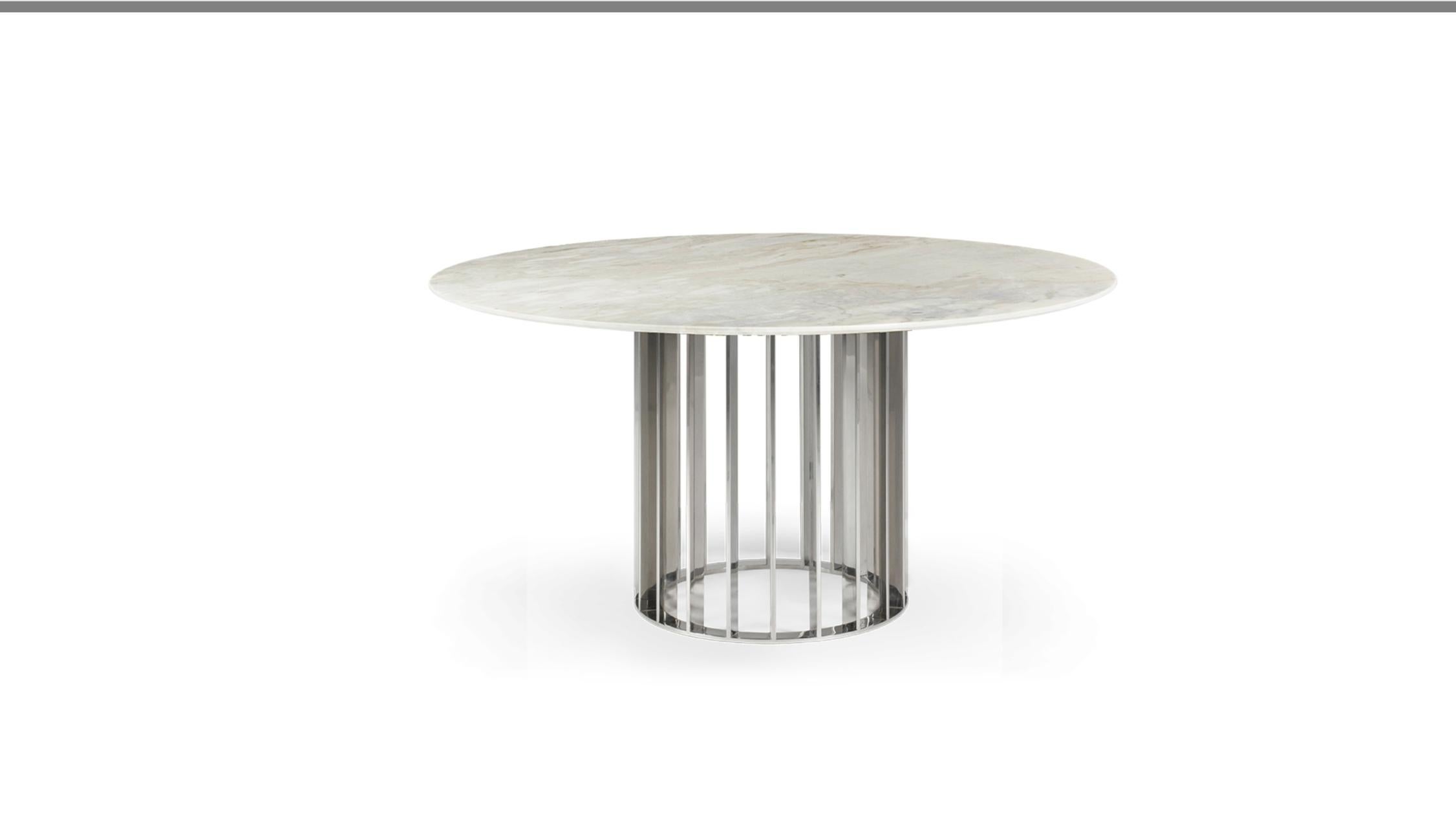 Table de salle à manger en acier inoxydable à finition mate en marbre blanc de Carrare en vente 2