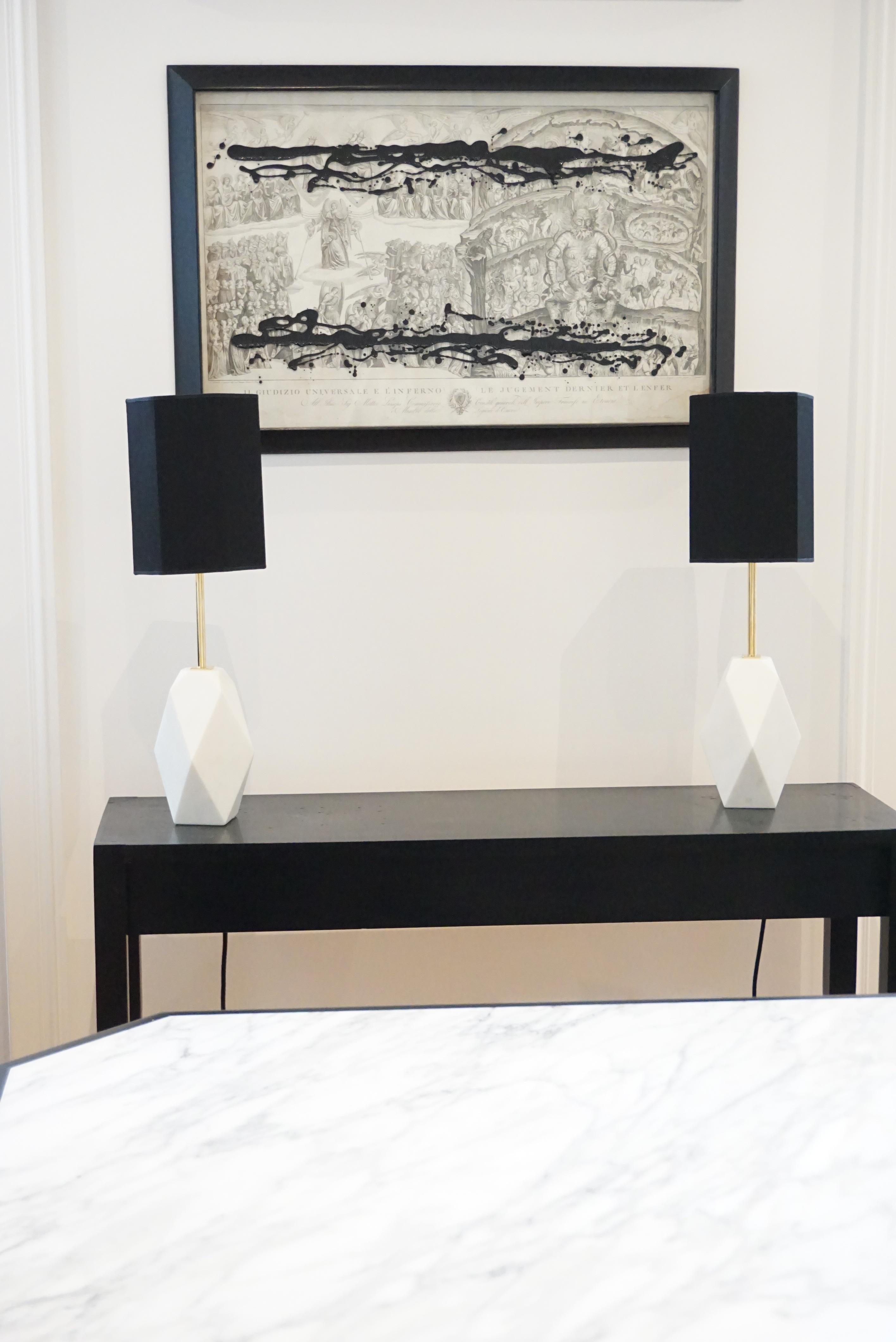 White Carrara Marble Pair of Sculptural Table Lamps 