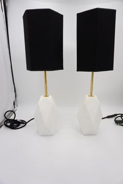White Carrara Marble Pair of Sculptural Table Lamps "Prisma" by Lorenzo Ciompi