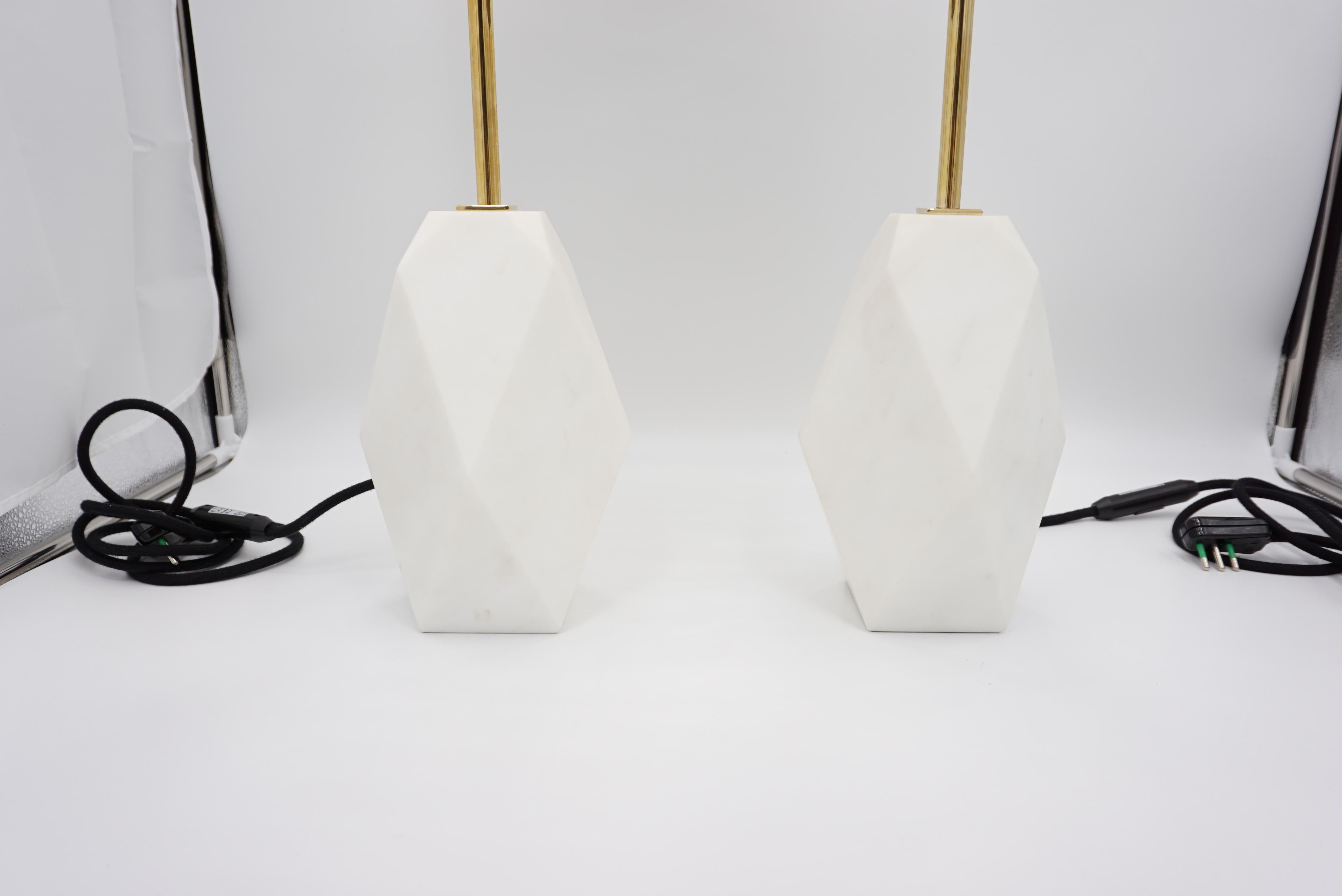 Italian White Carrara Marble Pair of Sculptural Table Lamps 