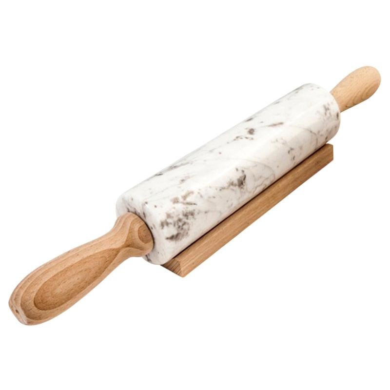 Handmade White Carrara Marble Rolling Pin with Wooden Handles For Sale