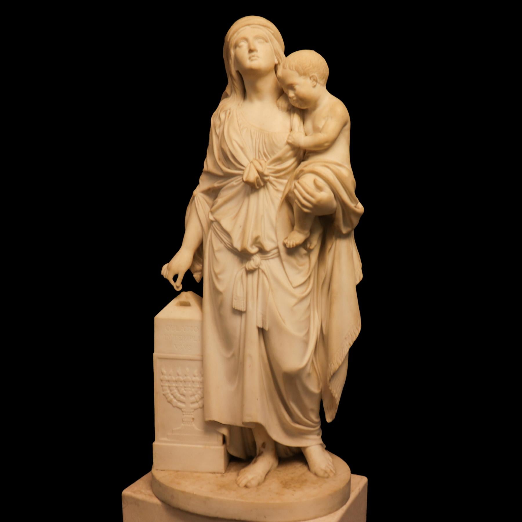 Darstellung von Hanna mit drapiertem Gewand, die Samuel in ihrem linken Arm hält und eine Spende in eine Truhe mit eingravierter Menora auf der Vorderseite legt, signiert 'F. Andrei. Inv. E. Scolp. Roma 1861