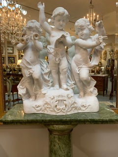 White Carrara marble statue of musical children dancing / verde marble pedestal