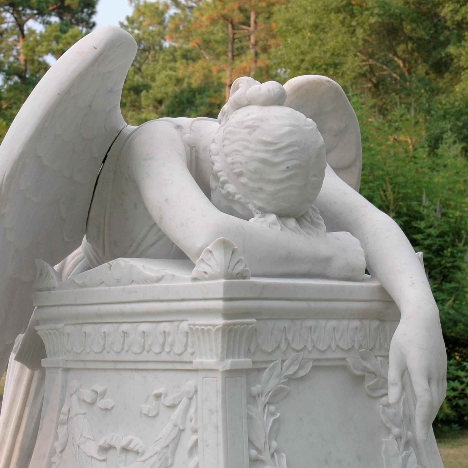 White Carrera Marble Angel of Grief Statue, Hand-Carved Reproduction,  For Sale 7