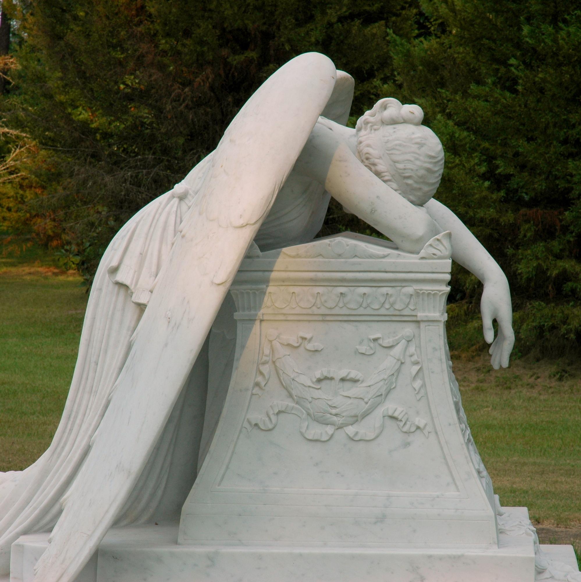 White Carrera Marble Angel of Grief Statue, Hand-Carved Reproduction,  In Excellent Condition For Sale In Houston, TX