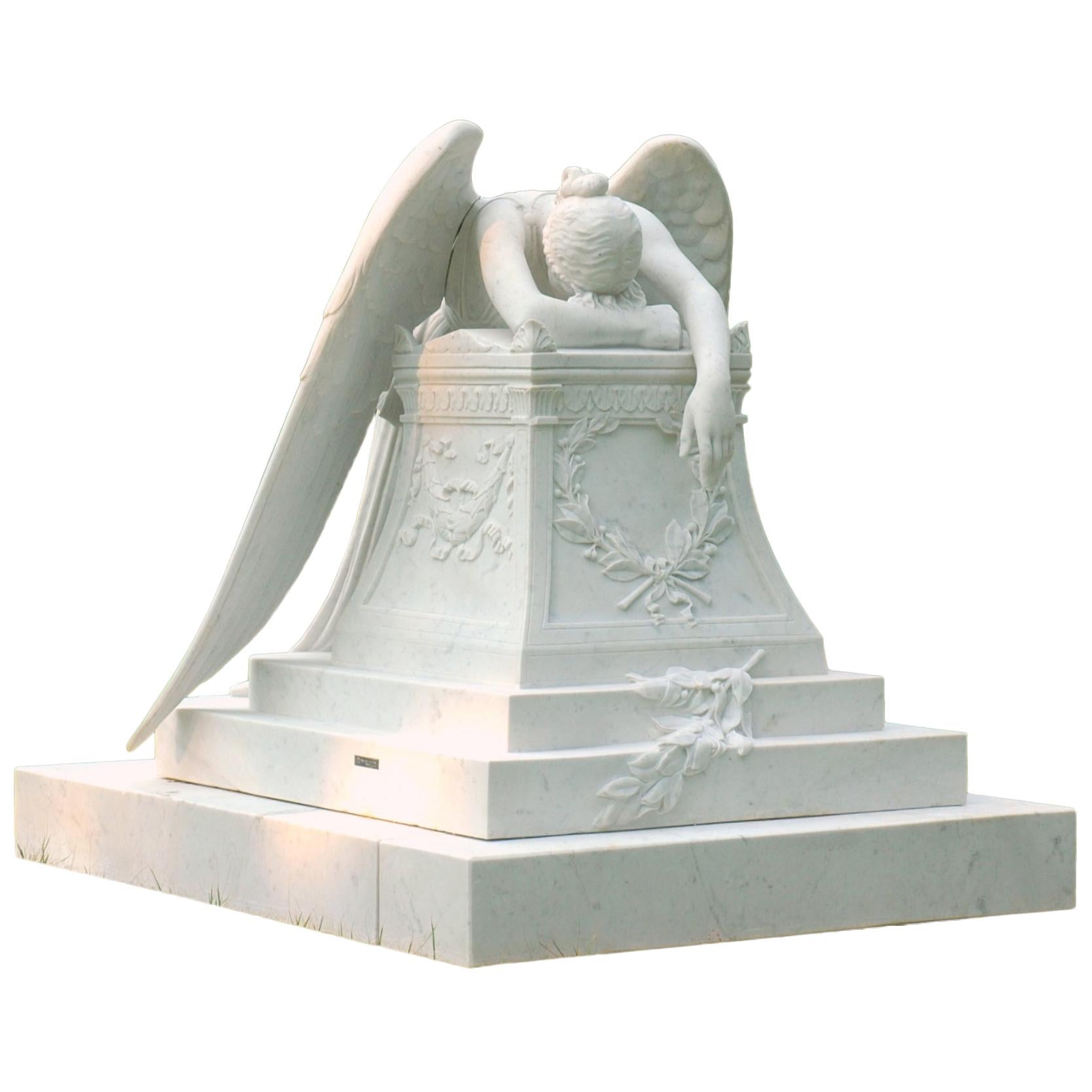 White Carrera Marble Angel of Grief Statue, Hand-Carved Reproduction,  For Sale