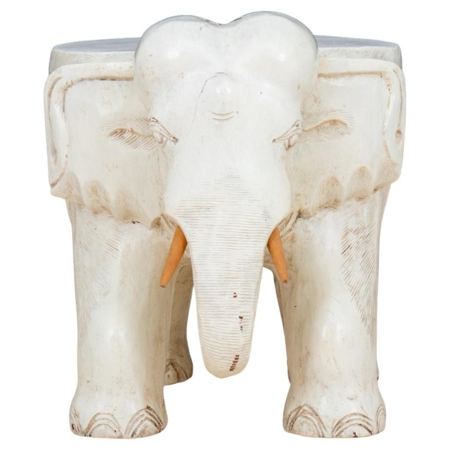 White Carved Elephant Stool In Good Condition For Sale In New York, NY