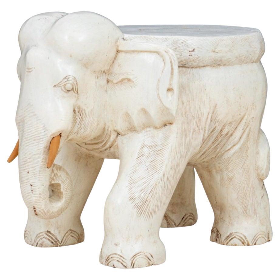 White Carved Elephant Stool For Sale