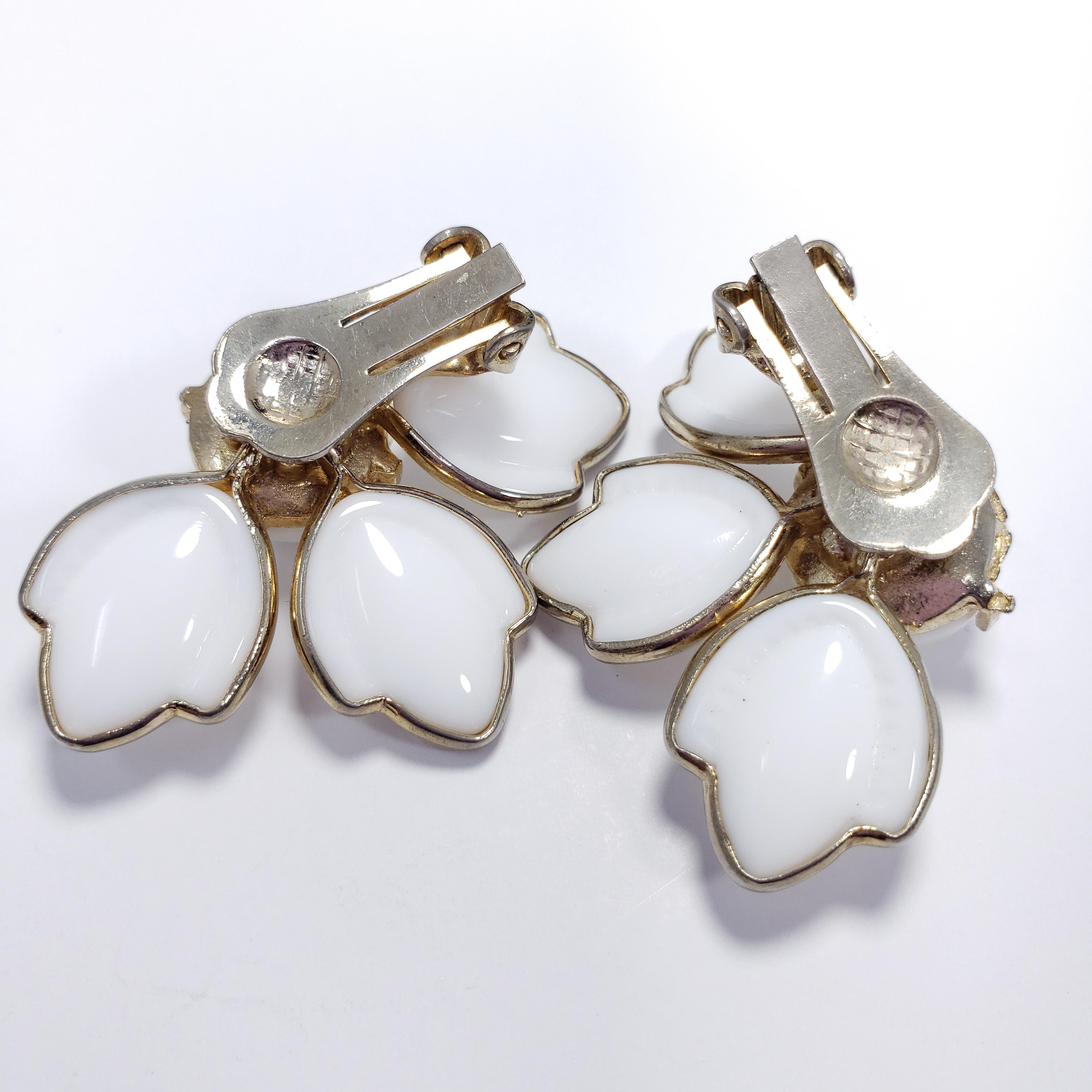 Women's or Men's White Carved Glass Petal Clip on Earrings in Gold, Mid 1900s For Sale