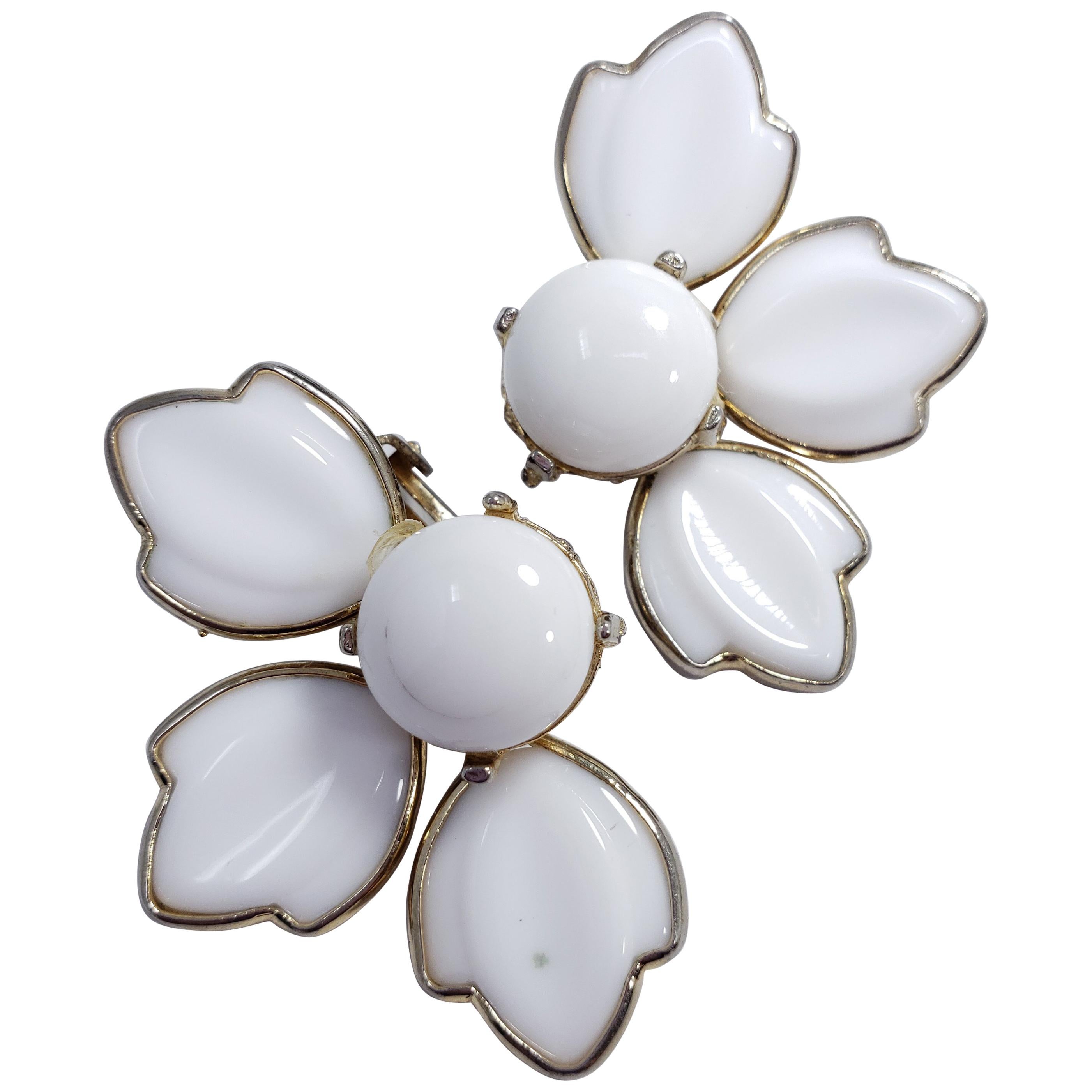 White Carved Glass Petal Clip on Earrings in Gold, Mid 1900s