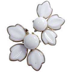 White Carved Glass Petal Clip on Earrings in Gold, Mid 1900s