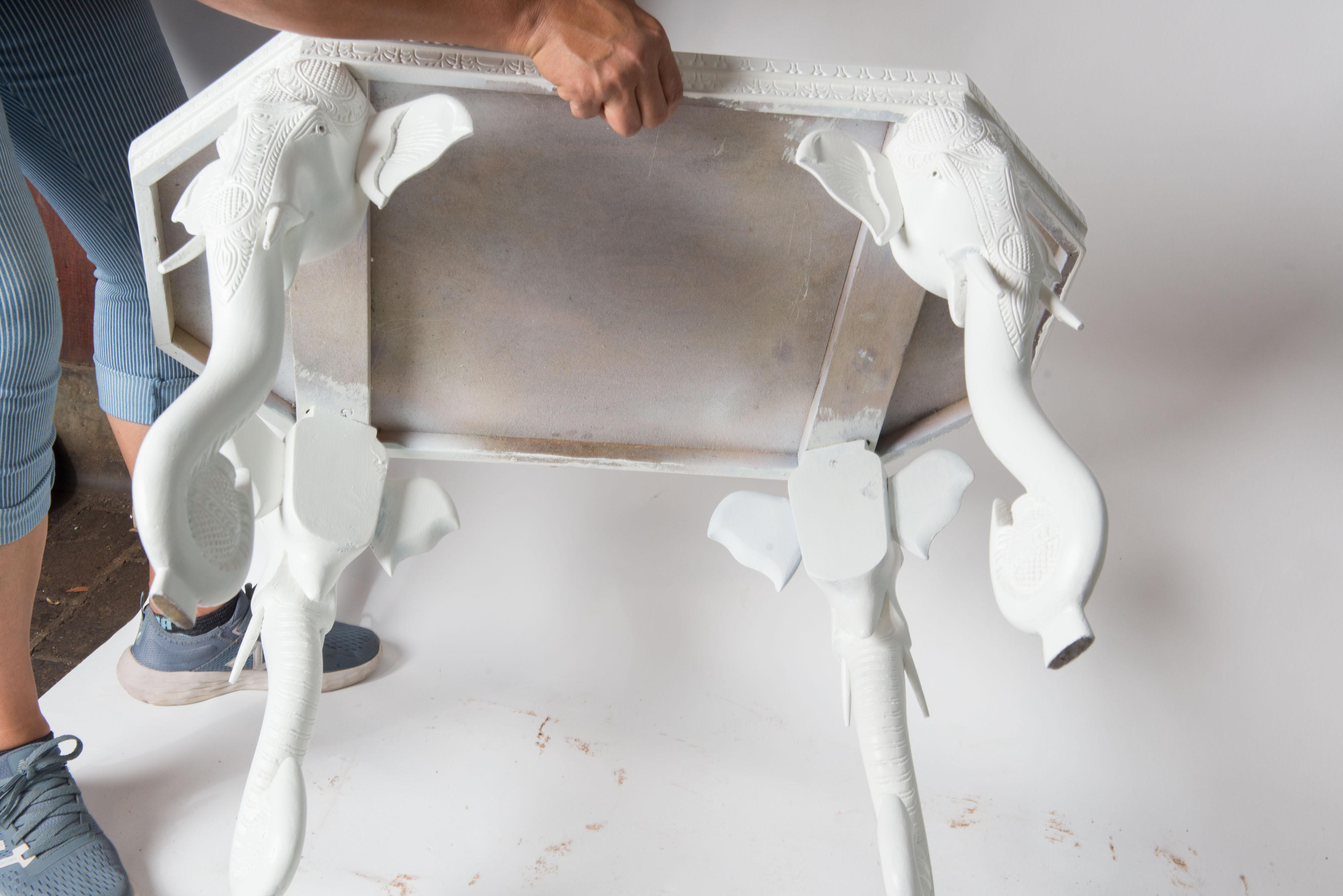 White Carved Wood Elephant Table For Sale 1