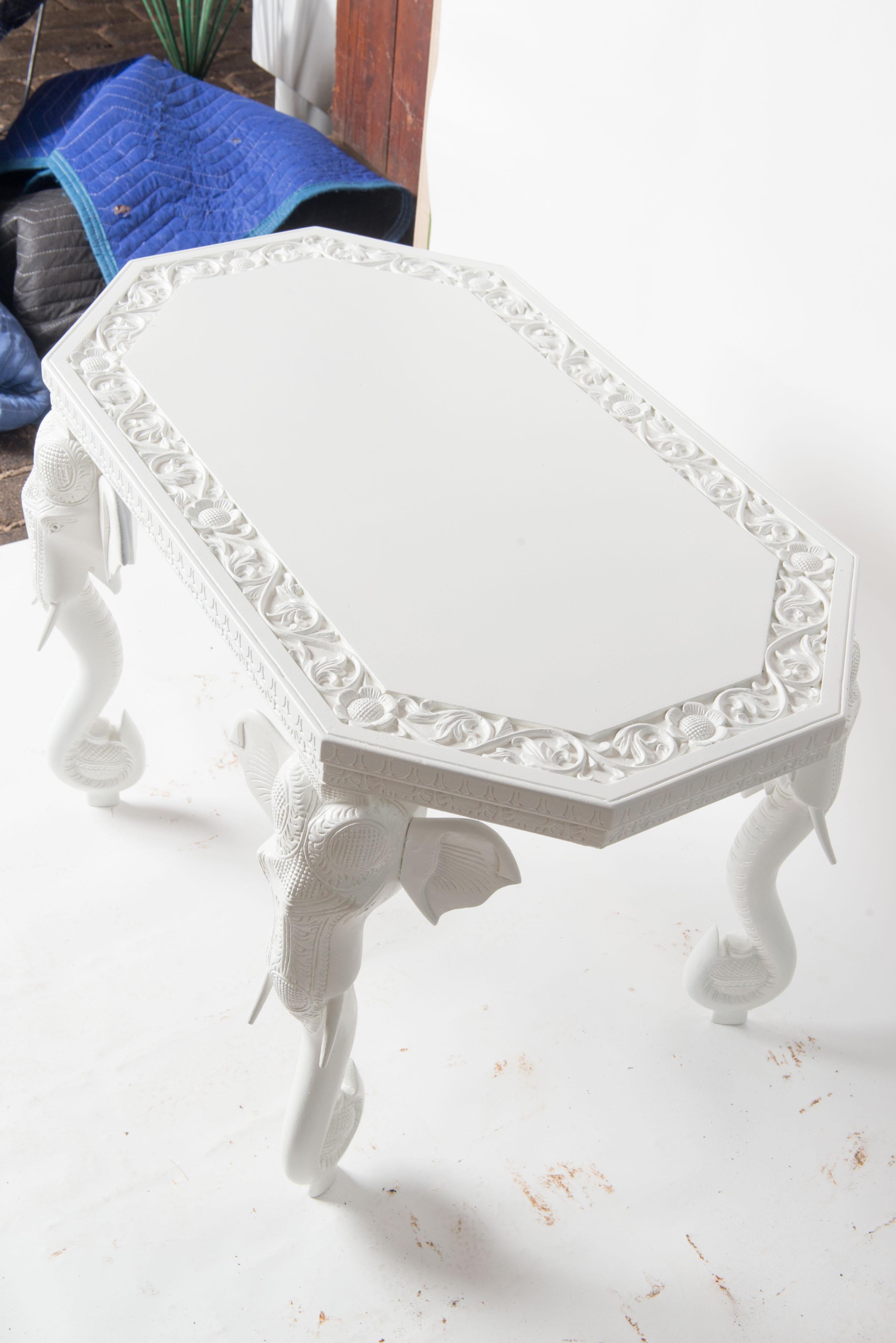 Indian White Carved Wood Elephant Table For Sale