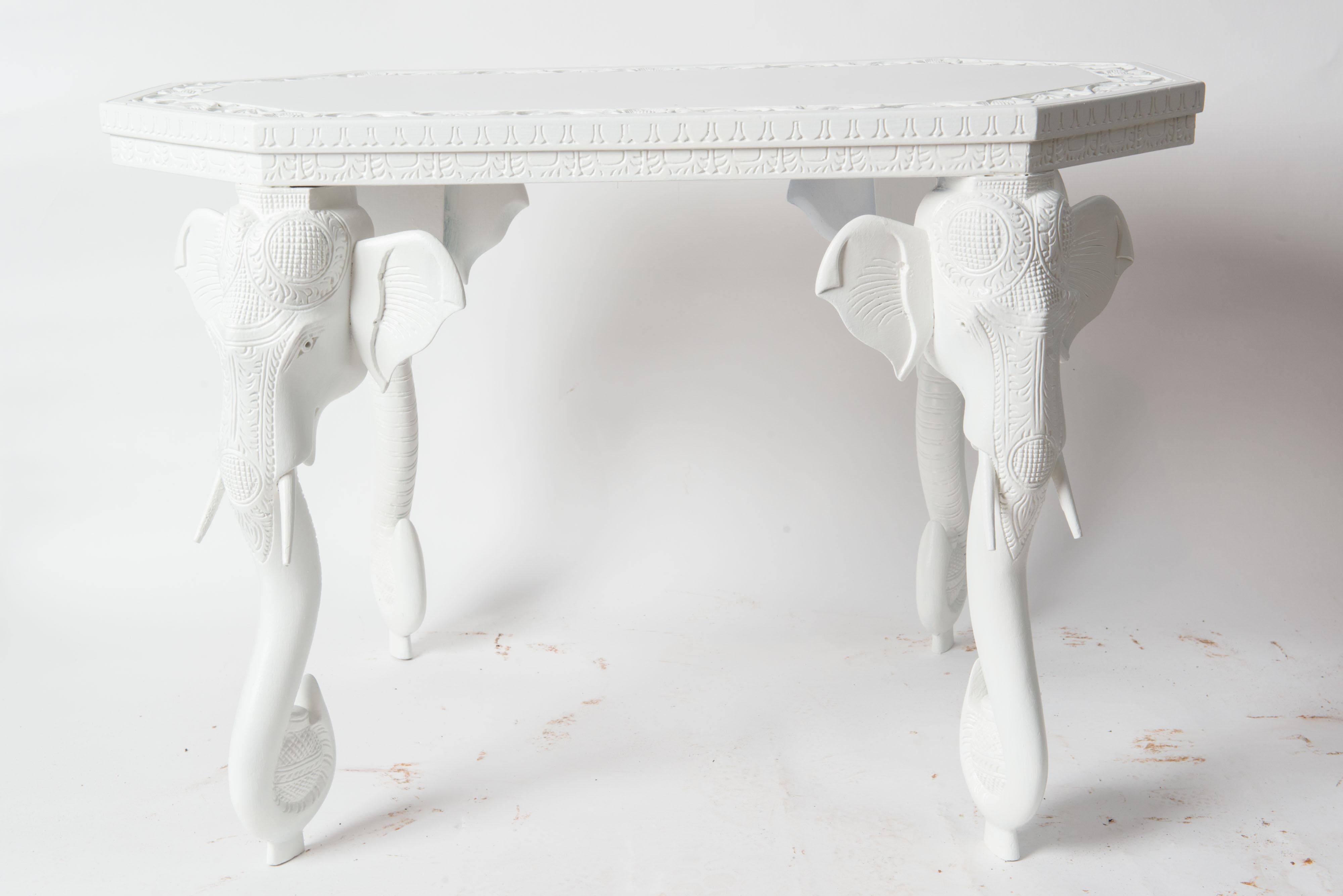 Mid-20th Century White Carved Wood Elephant Table For Sale
