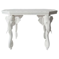 Vintage White Carved Wood Elephant Table