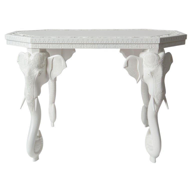 White Carved Wood Elephant Table For Sale