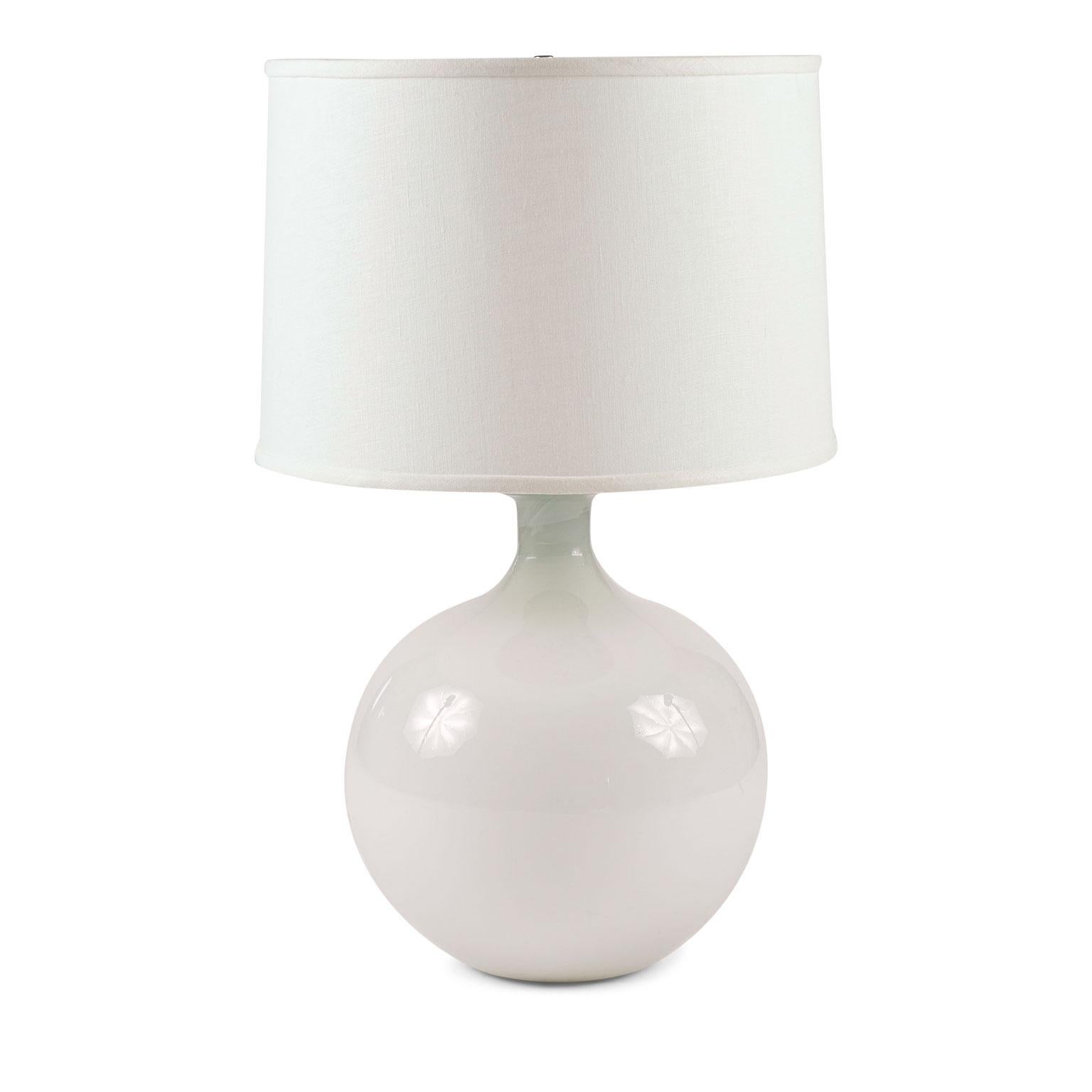 White cased glass spherical shape table lamp (from vase), newly wired for use within the USA using all UL listed parts. Includes complimentary linen shade (listed measurements include shade).