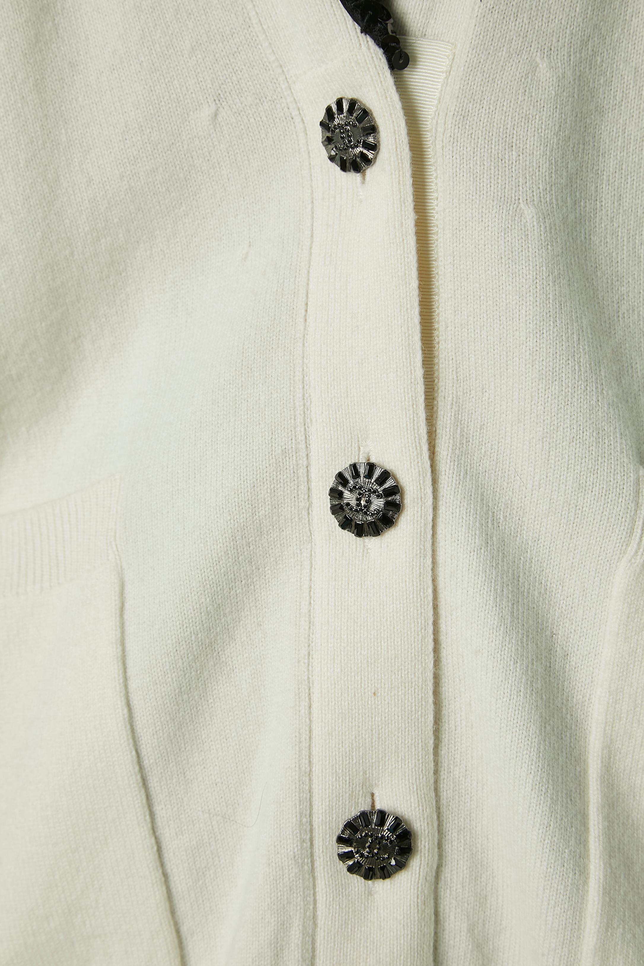 Gray White cashmere cardigan with black sequin collar CHANEL For Sale