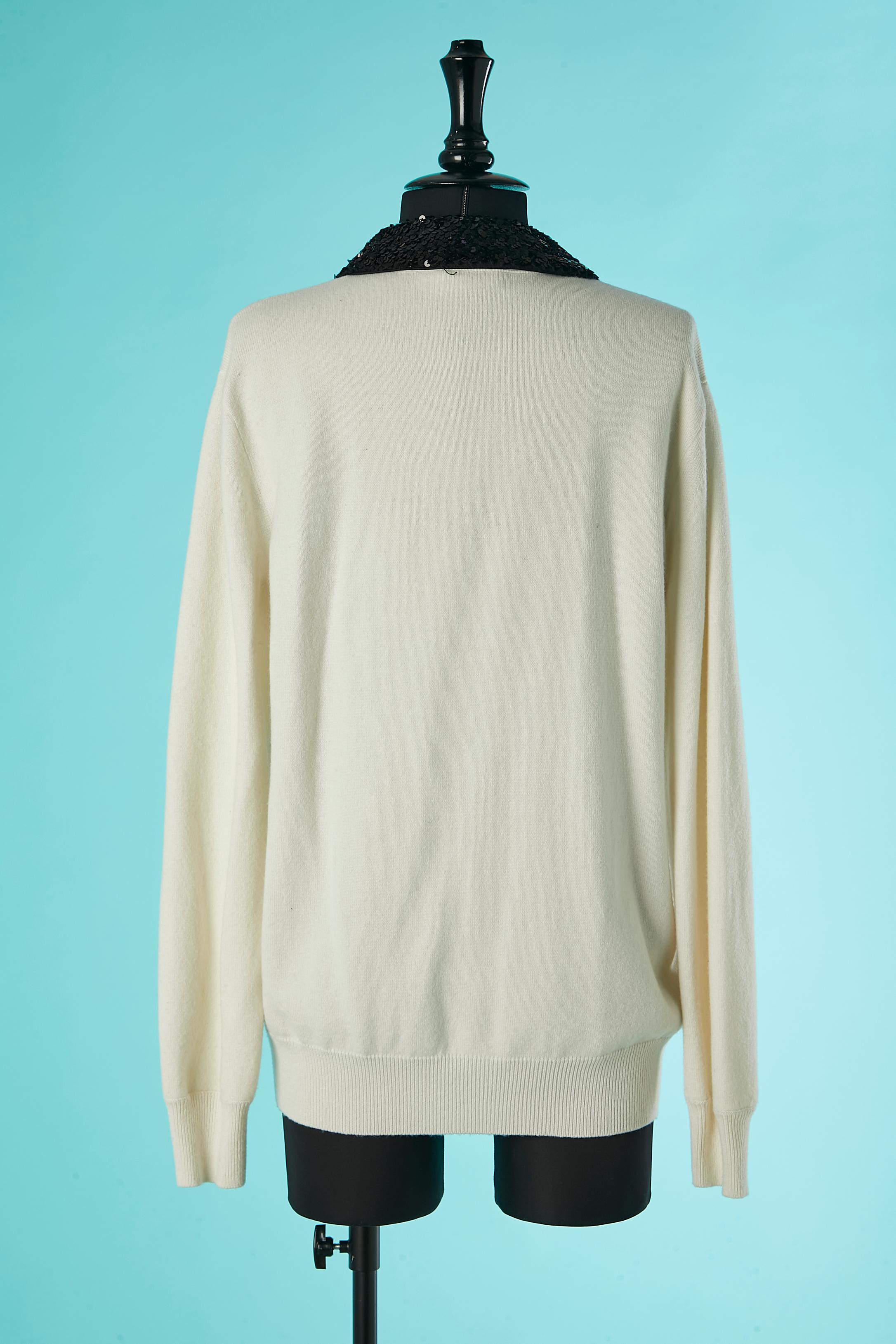 White cashmere cardigan with black sequin collar CHANEL For Sale 1